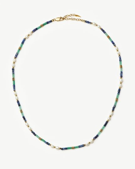 Beaded Gemstone & Pearl Short Necklace | 18ct Gold Plated/Lagoon Blue