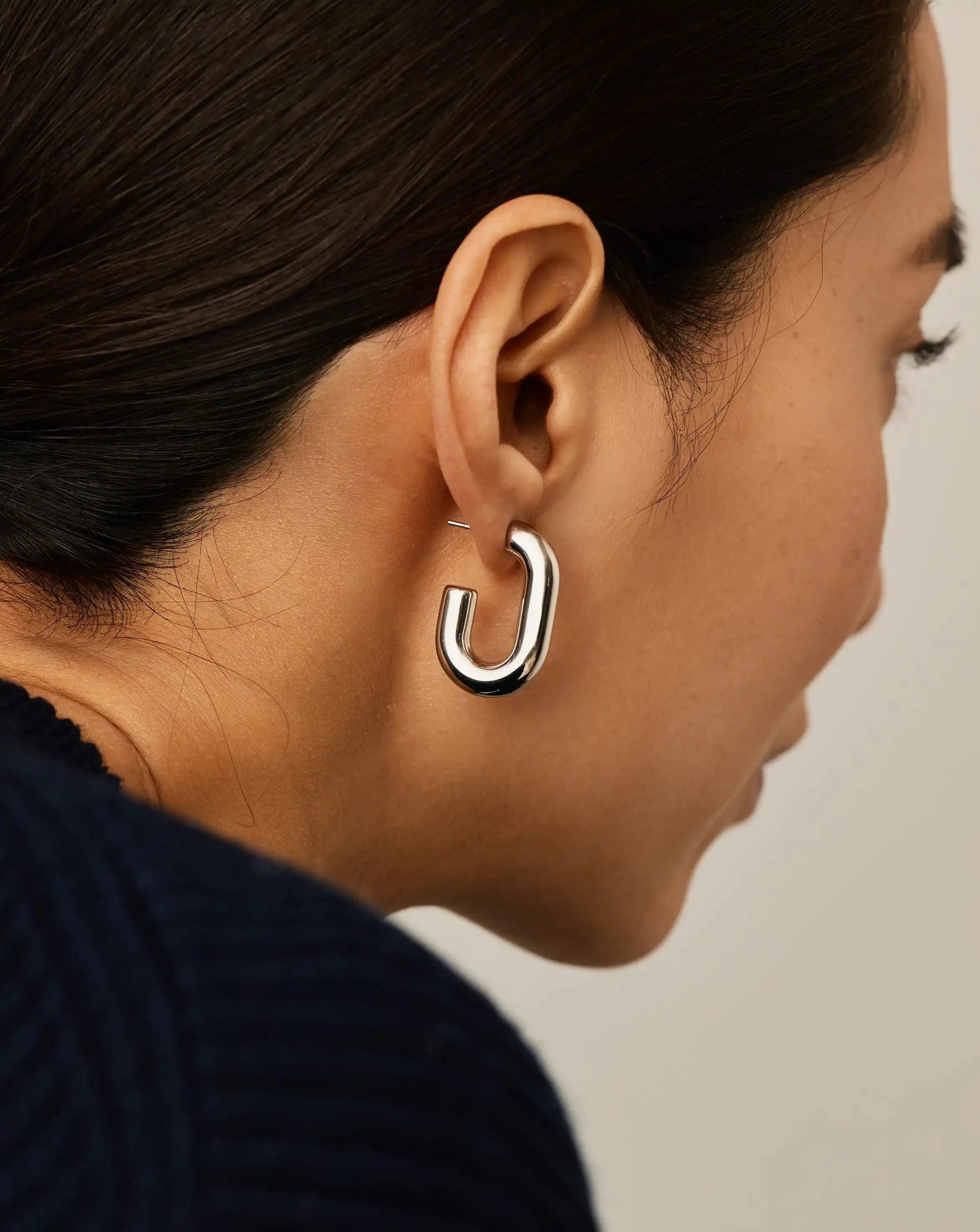 Chubby Oval Medium Hoop Earrings | Platinum Plated - Image 6