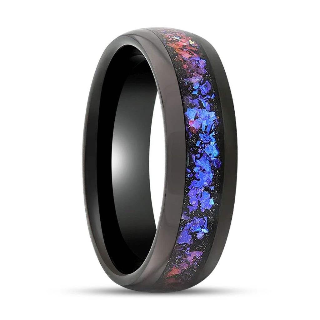 COSMIC | Black Tungsten Ring, Crushed Alexandrite, Goldstone Inlay, Domed