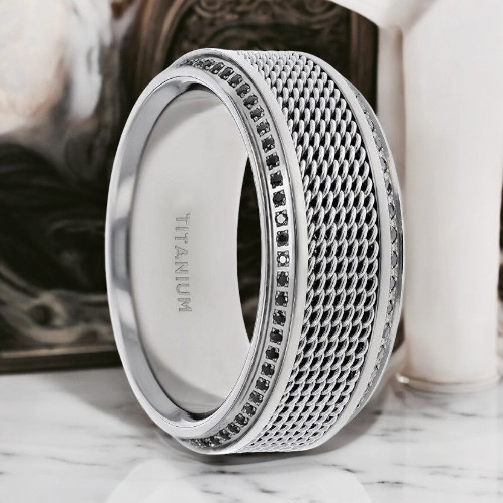 GAUNTLET | Titanium Wedding Band Steel Chain Design & Black Diamonds