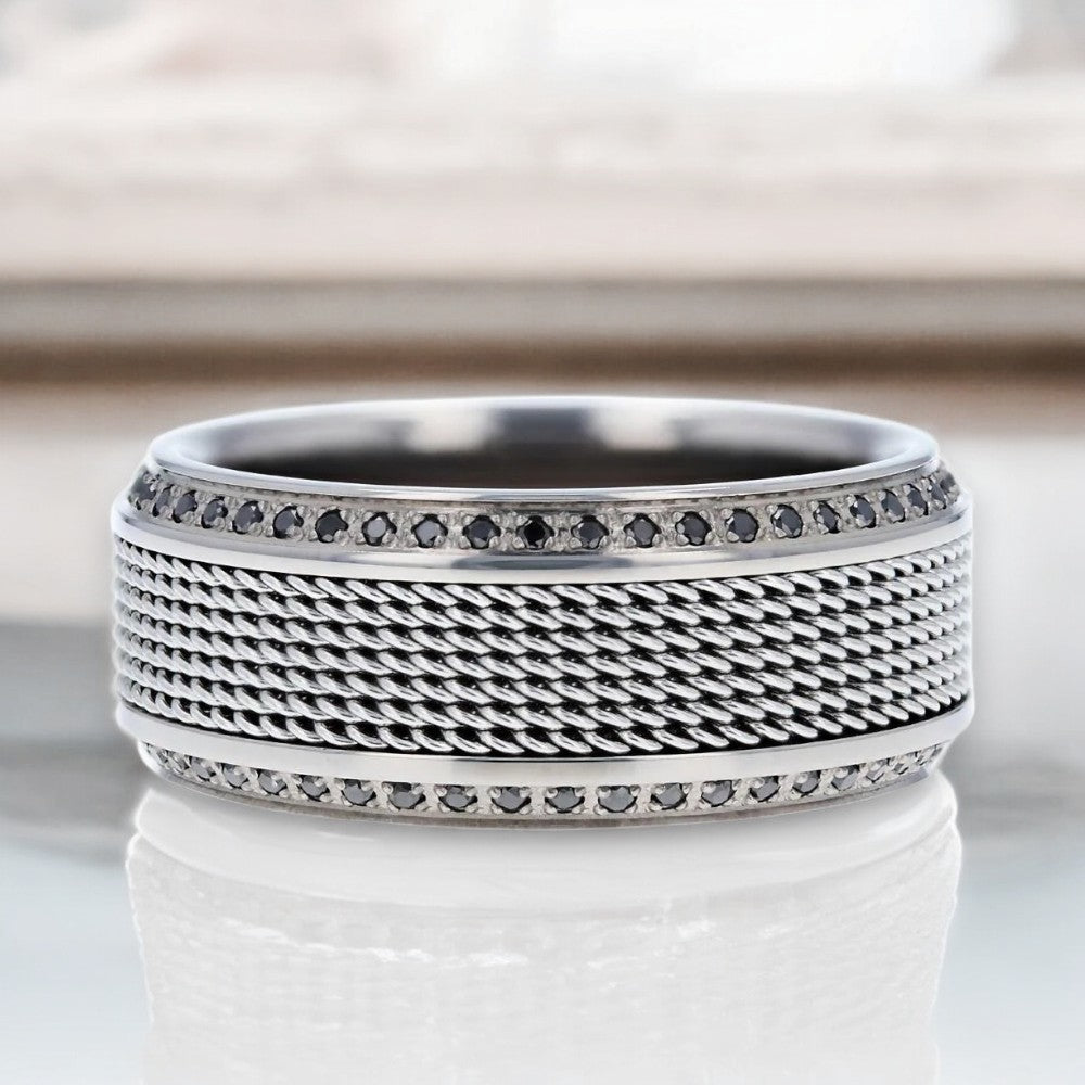 GAUNTLET | Titanium Wedding Band Steel Chain Design & Black Diamonds - Image 4