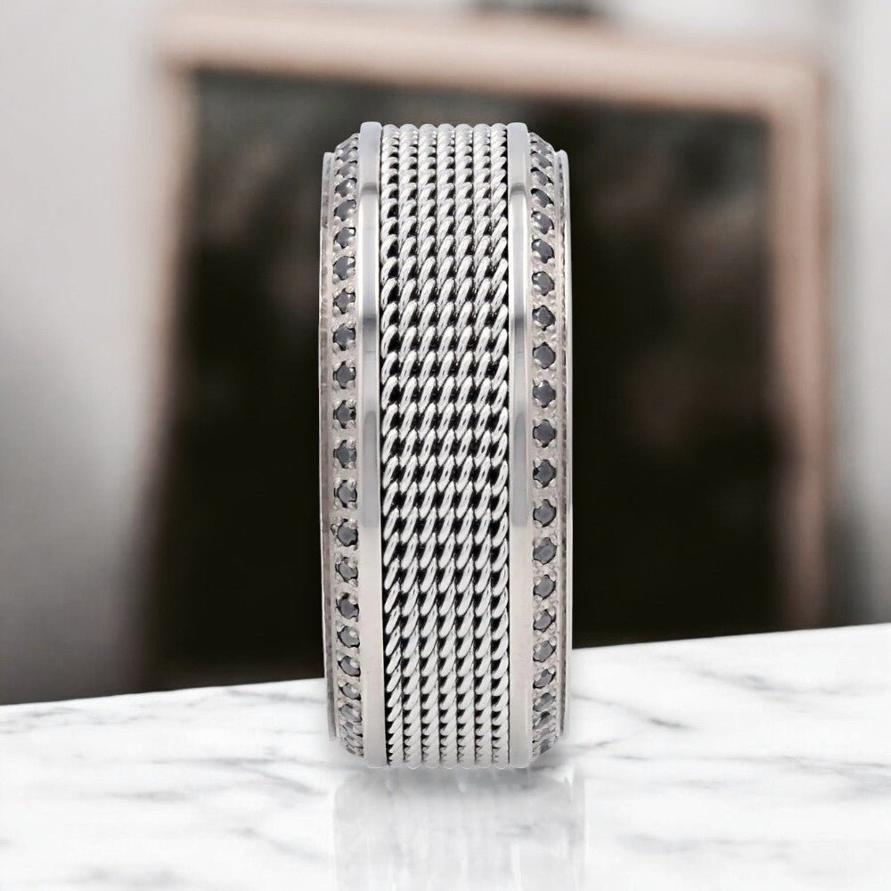 GAUNTLET | Titanium Wedding Band Steel Chain Design & Black Diamonds - Image 3