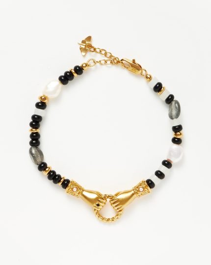 Harris Reed In Good Hands Beaded Gemstone Bracelet | 18ct Gold Plated/Black Chalcedony & Pearl