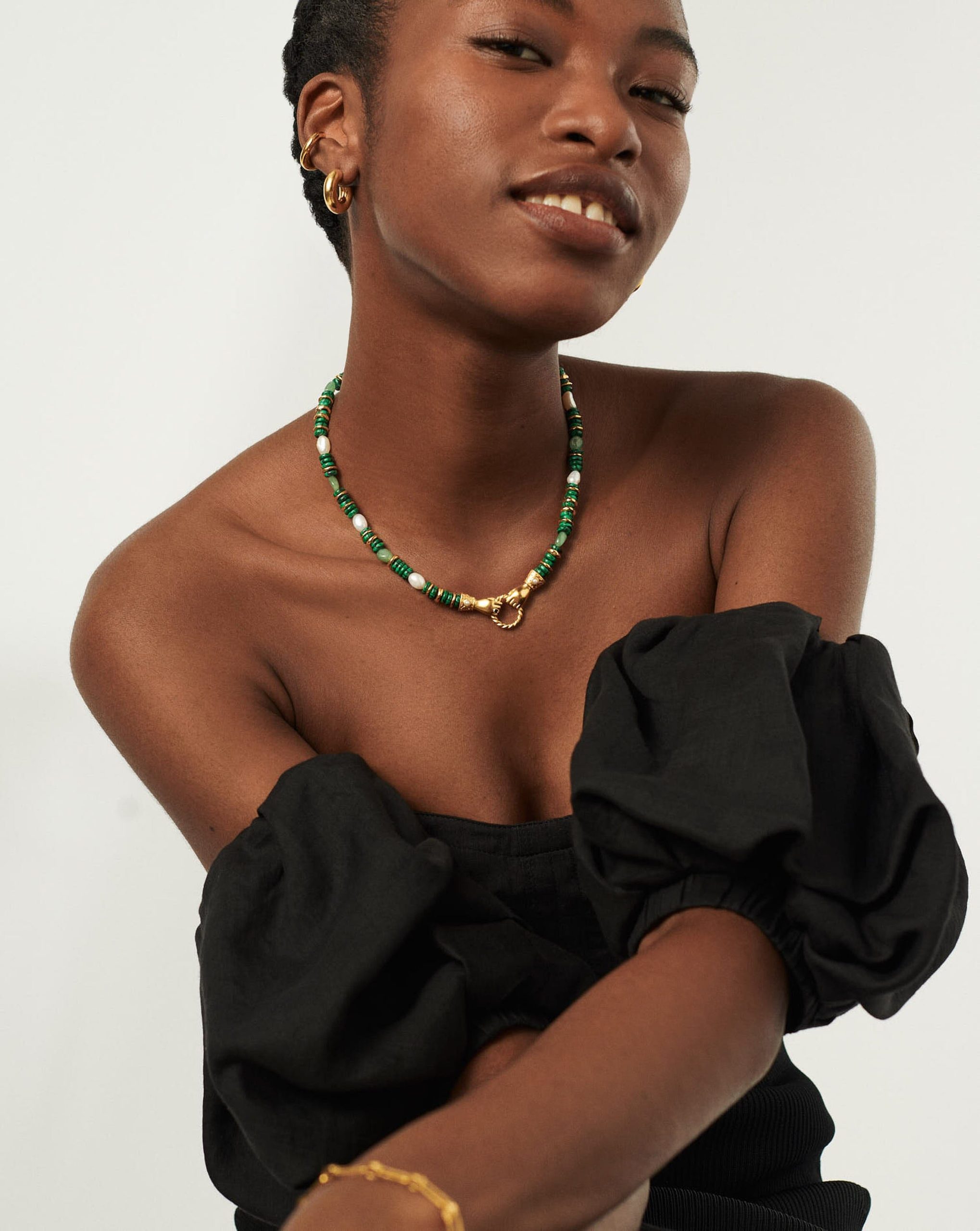 Harris Reed In Good Hands Chunky Beaded Gemstone Necklace | 18ct Gold Plated/Multi Green Gemstone & Pearl - Image 6