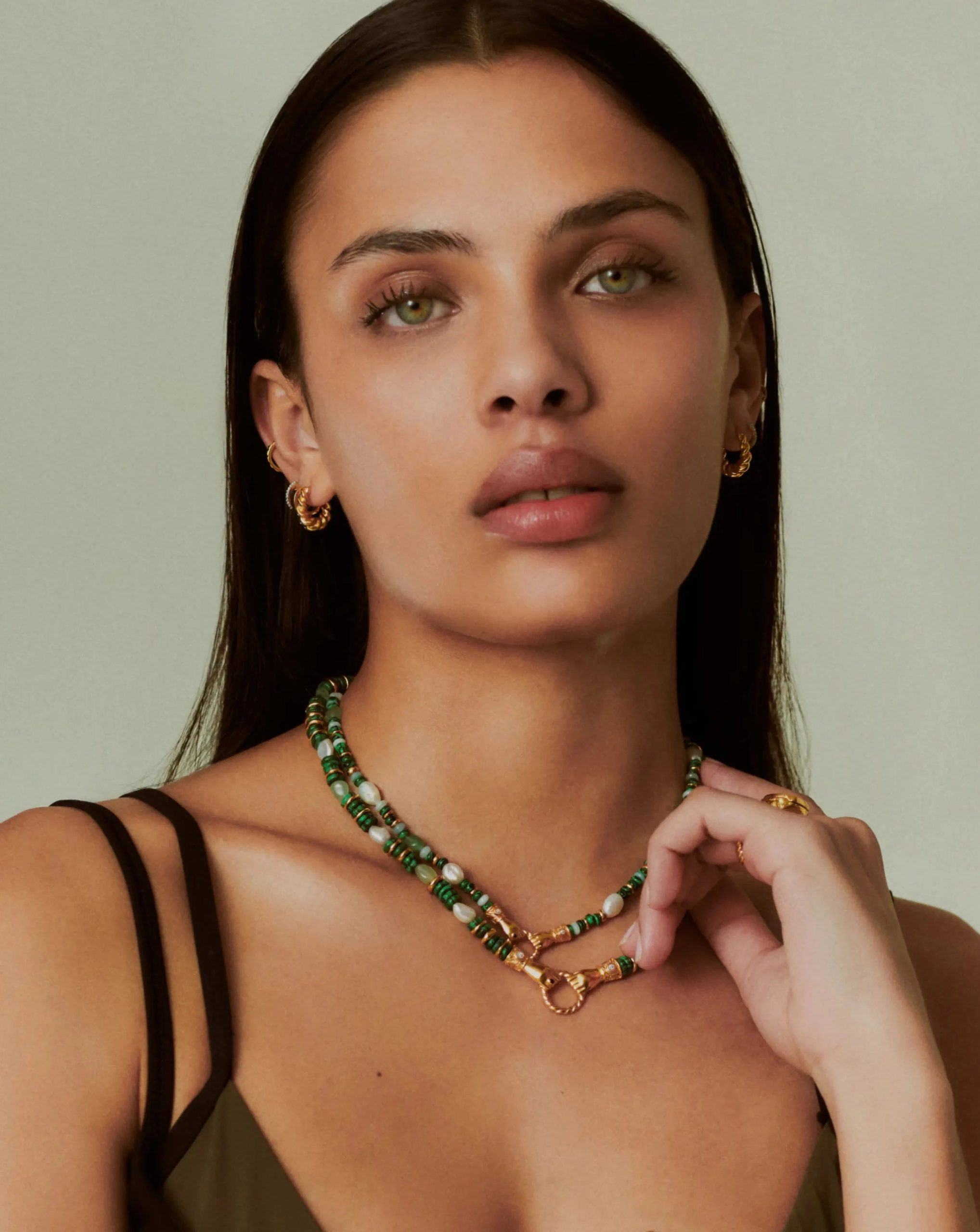 Harris Reed In Good Hands Chunky Beaded Gemstone Necklace | 18ct Gold Plated/Multi Green Gemstone & Pearl - Image 3