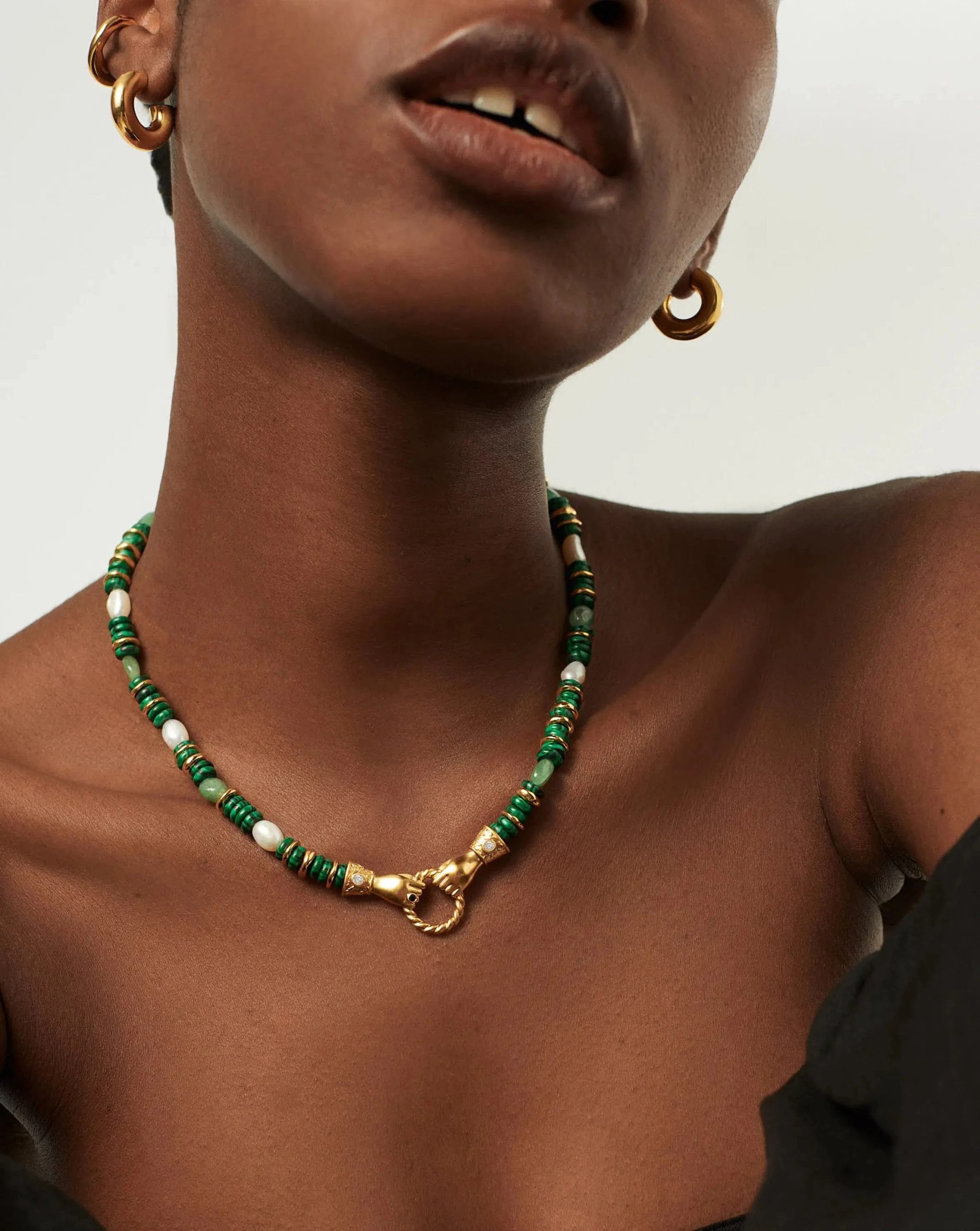 Harris Reed In Good Hands Chunky Beaded Gemstone Necklace | 18ct Gold Plated/Multi Green Gemstone & Pearl - Image 2