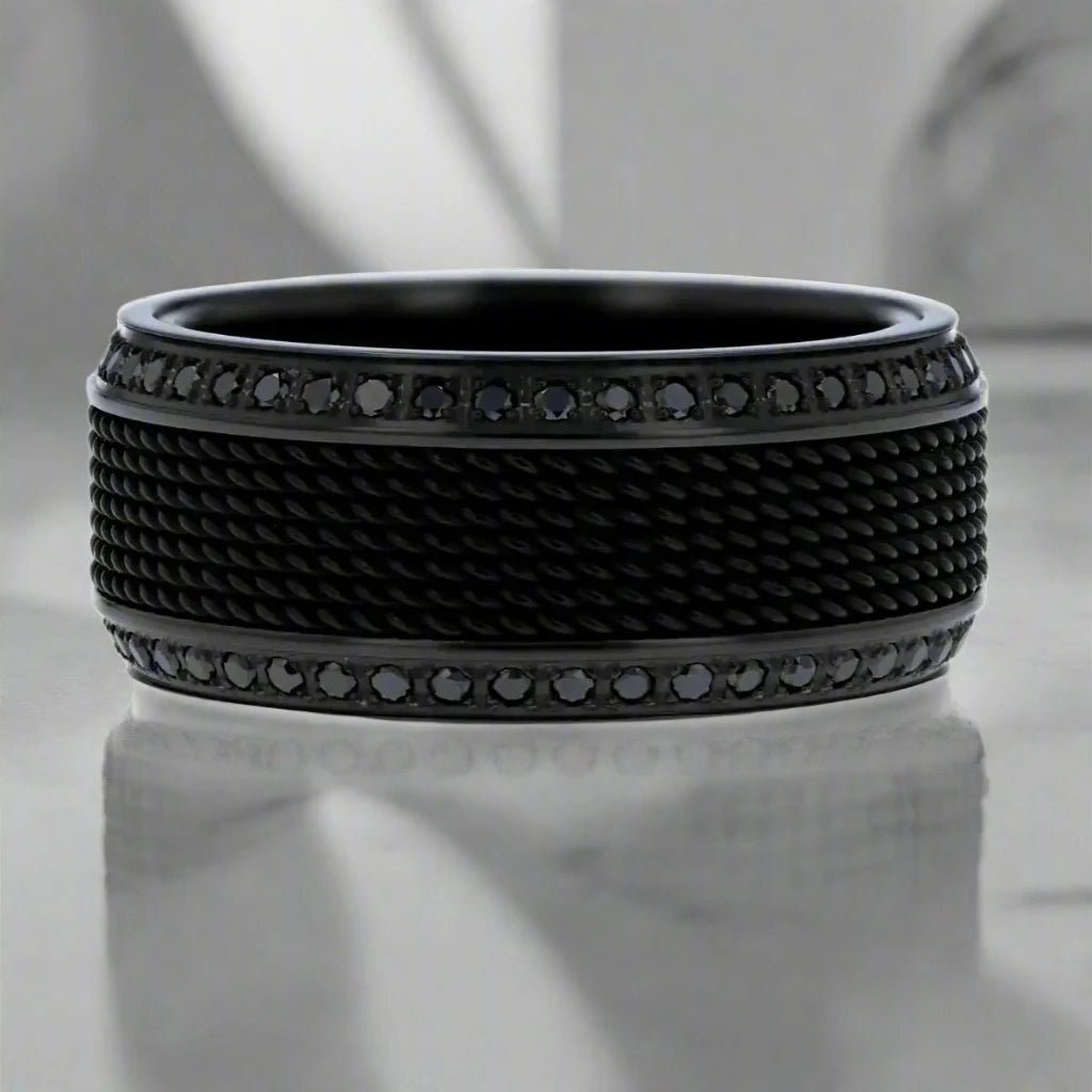 KNIGHT | Black Titanium Steel Chain Black Diamond Wedding Ring 8mm - Image 4