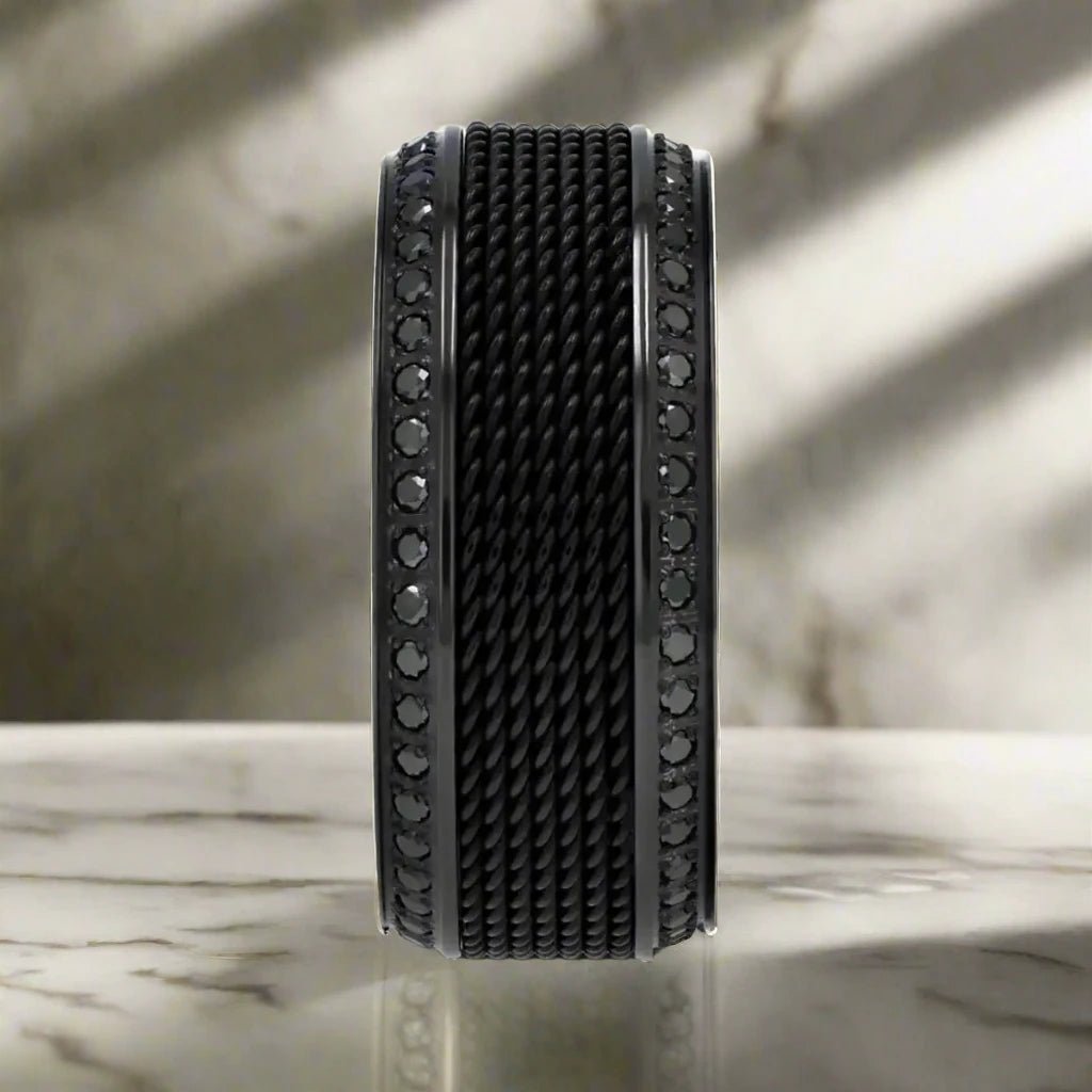 KNIGHT | Black Titanium Steel Chain Black Diamond Wedding Ring 8mm - Image 3