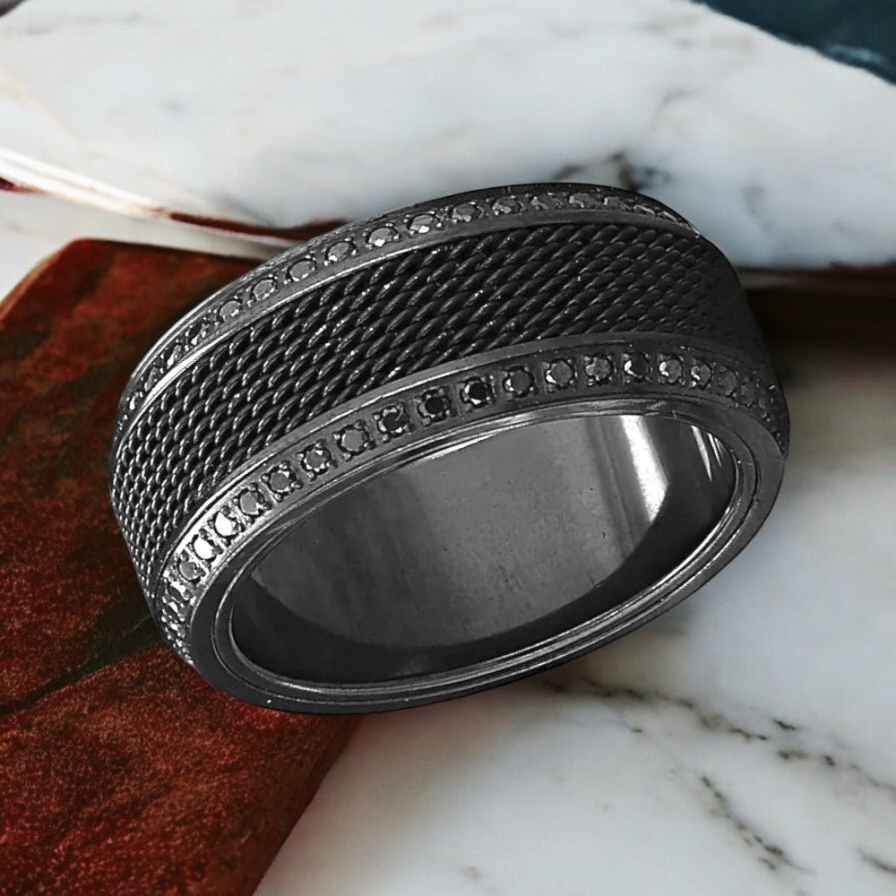 KNIGHT | Black Titanium Steel Chain Black Diamond Wedding Ring 8mm - Image 2