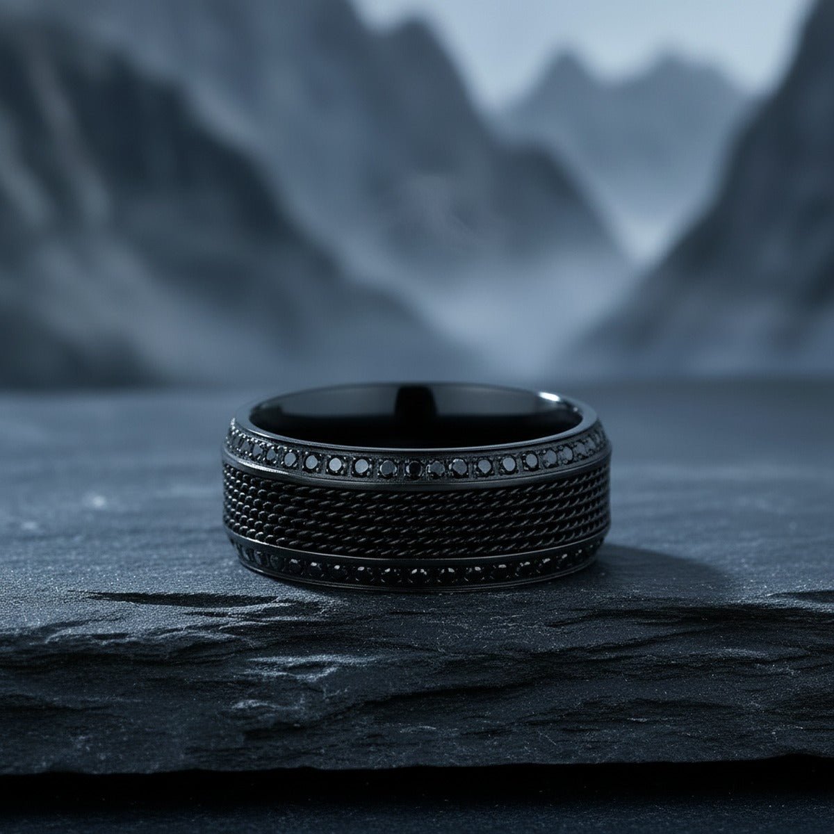 KNIGHT | Black Titanium Steel Chain Black Diamond Wedding Ring 8mm - Image 5
