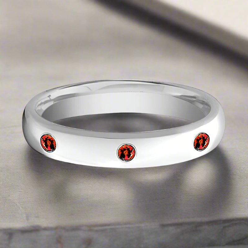 MAERA | Womens Tungsten Ring, 3 Red Rubies Setting, Domed - Image 4