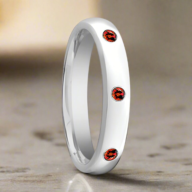 MAERA | Womens Tungsten Ring, 3 Red Rubies Setting, Domed - Image 3