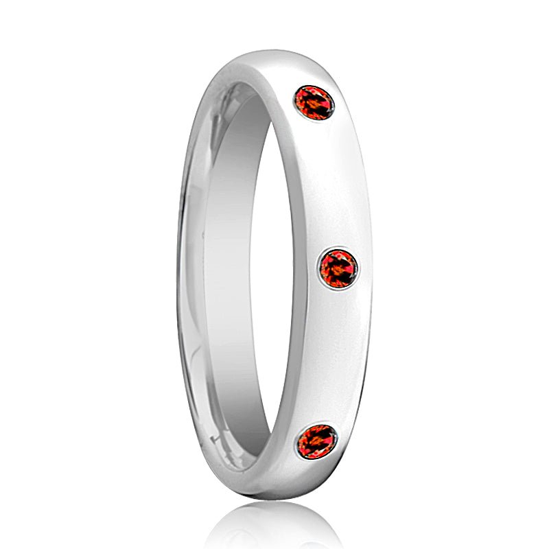 MAERA | Womens Tungsten Ring, 3 Red Rubies Setting, Domed