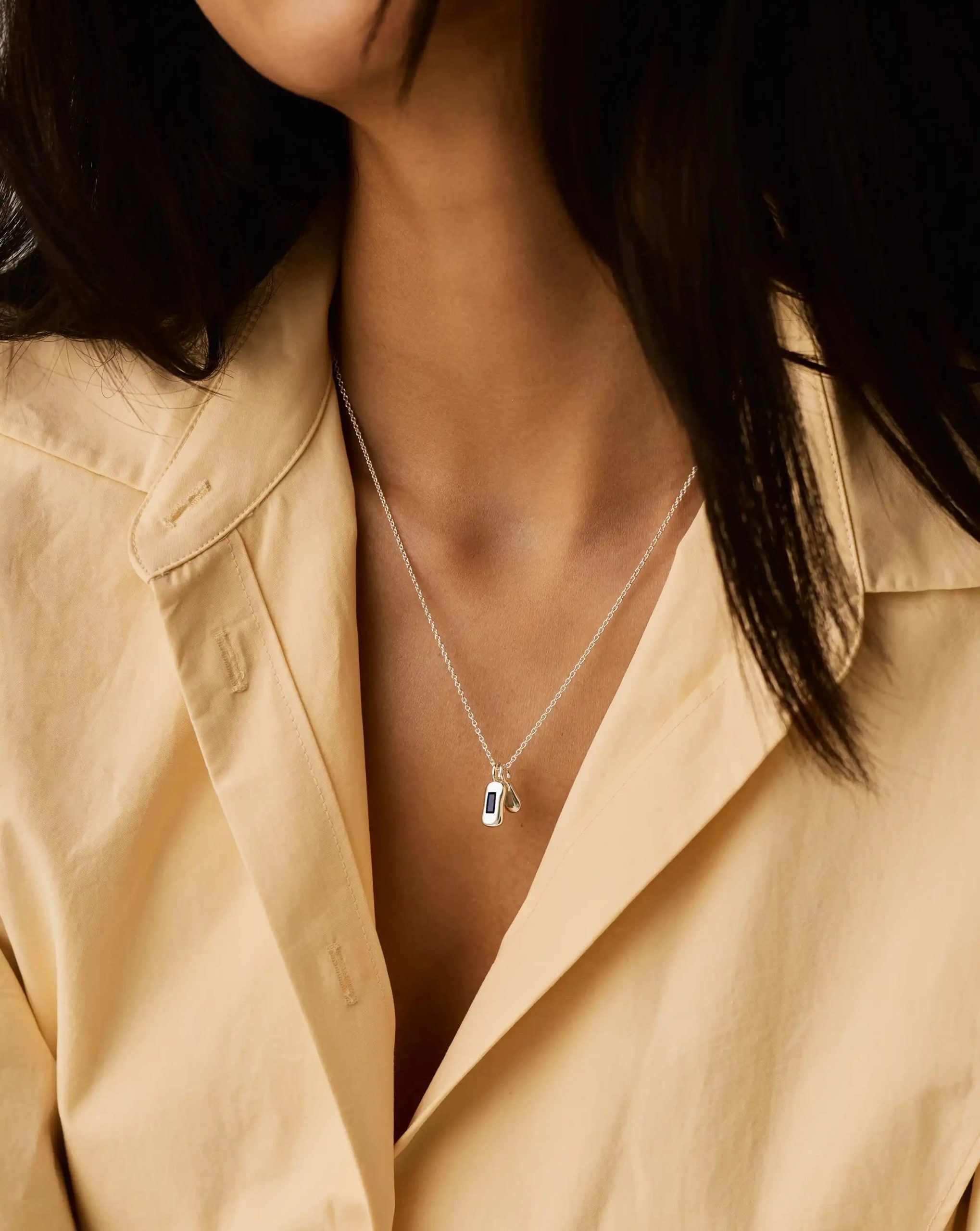Molten Gemstone Bean Pendant Necklace | Silver Plated/Blue Onyx and Lab Grown Sapphire - Image 2