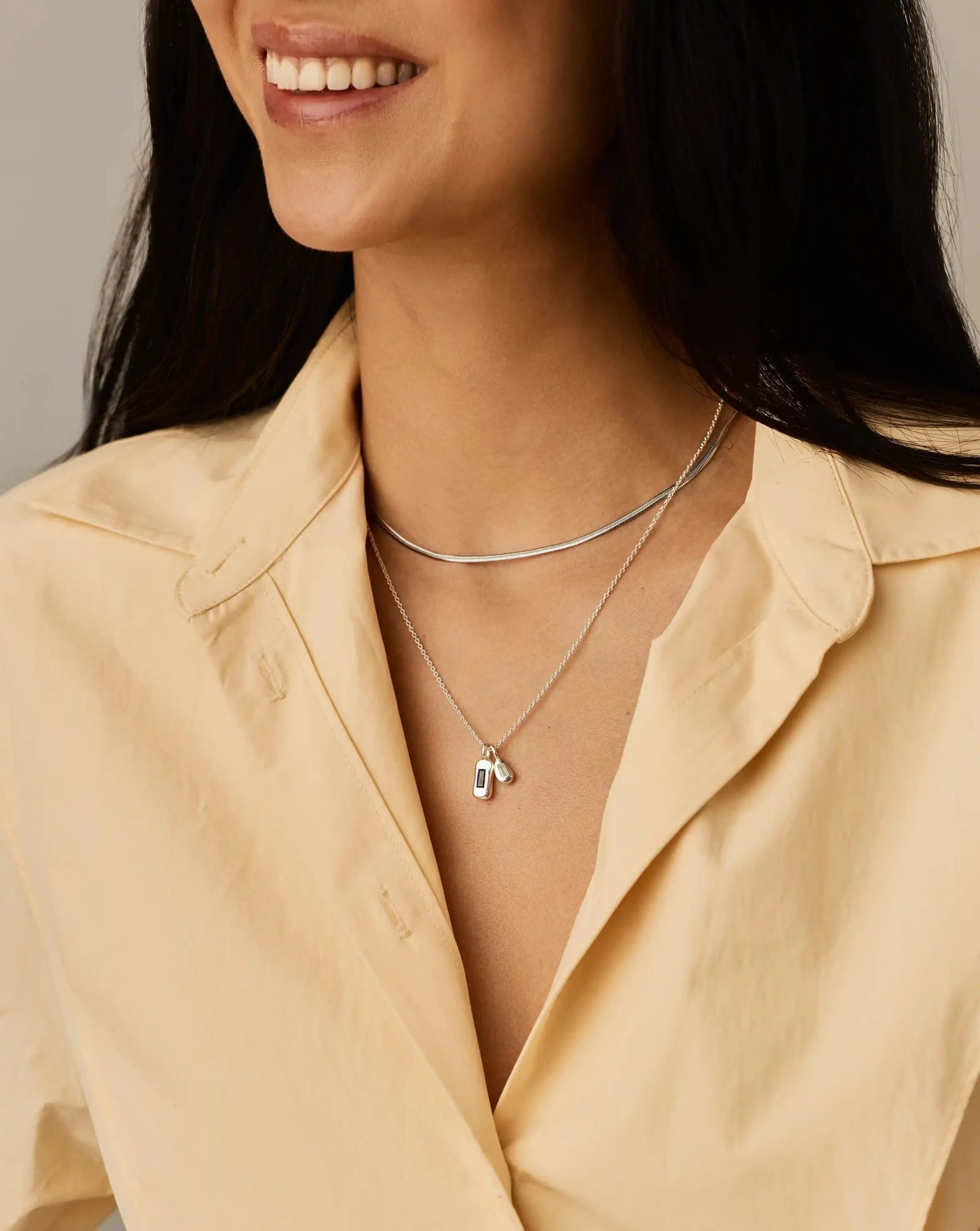 Molten Gemstone Bean Pendant Necklace | Silver Plated/Blue Onyx and Lab Grown Sapphire - Image 6