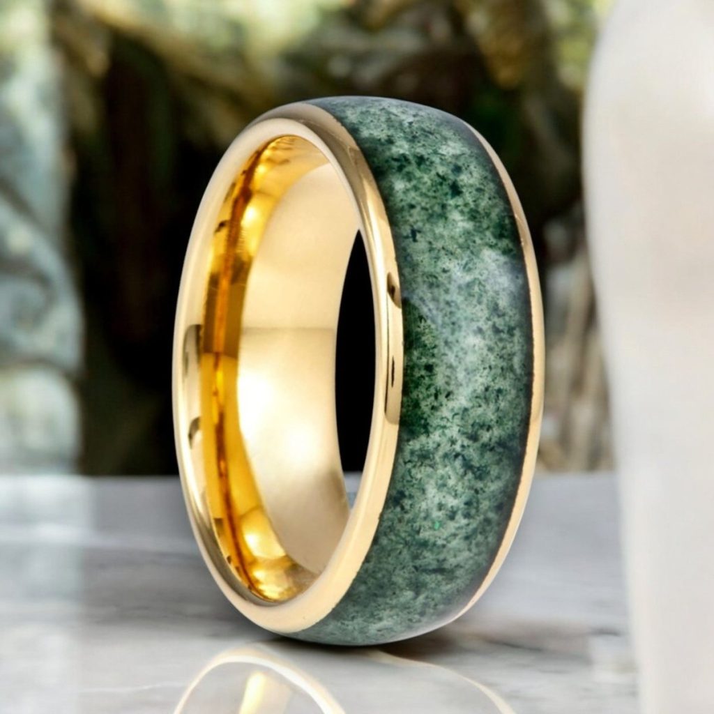 MOOSAIRE | Gold Tungsten Moss Agate Wedding Ring 8mm