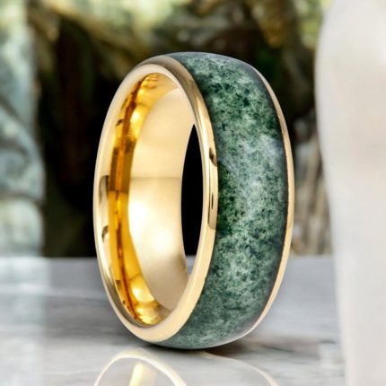 MOOSAIRE | Gold Tungsten Moss Agate Wedding Ring 8mm