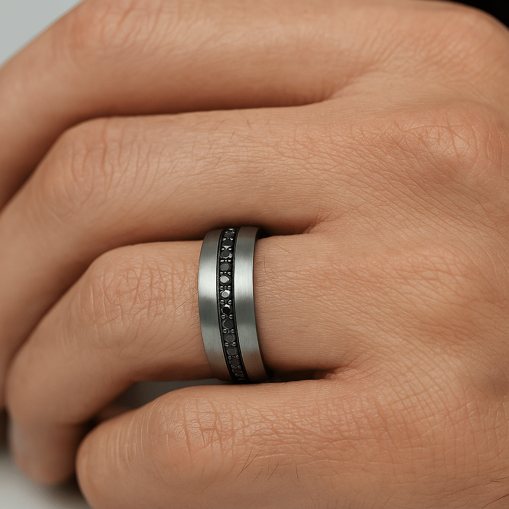 PILOT | Gunmetal Tungsten Ring with Black Sapphires - Image 2