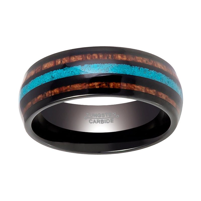 RYKER | Black Tungsten Ring, Koa Wood & Turquoise Inlay, Domed - Image 3
