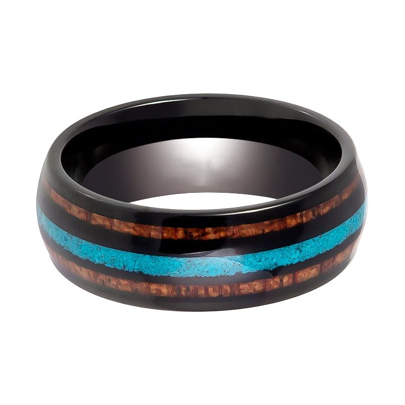 RYKER | Black Tungsten Ring, Koa Wood & Turquoise Inlay, Domed - Image 2