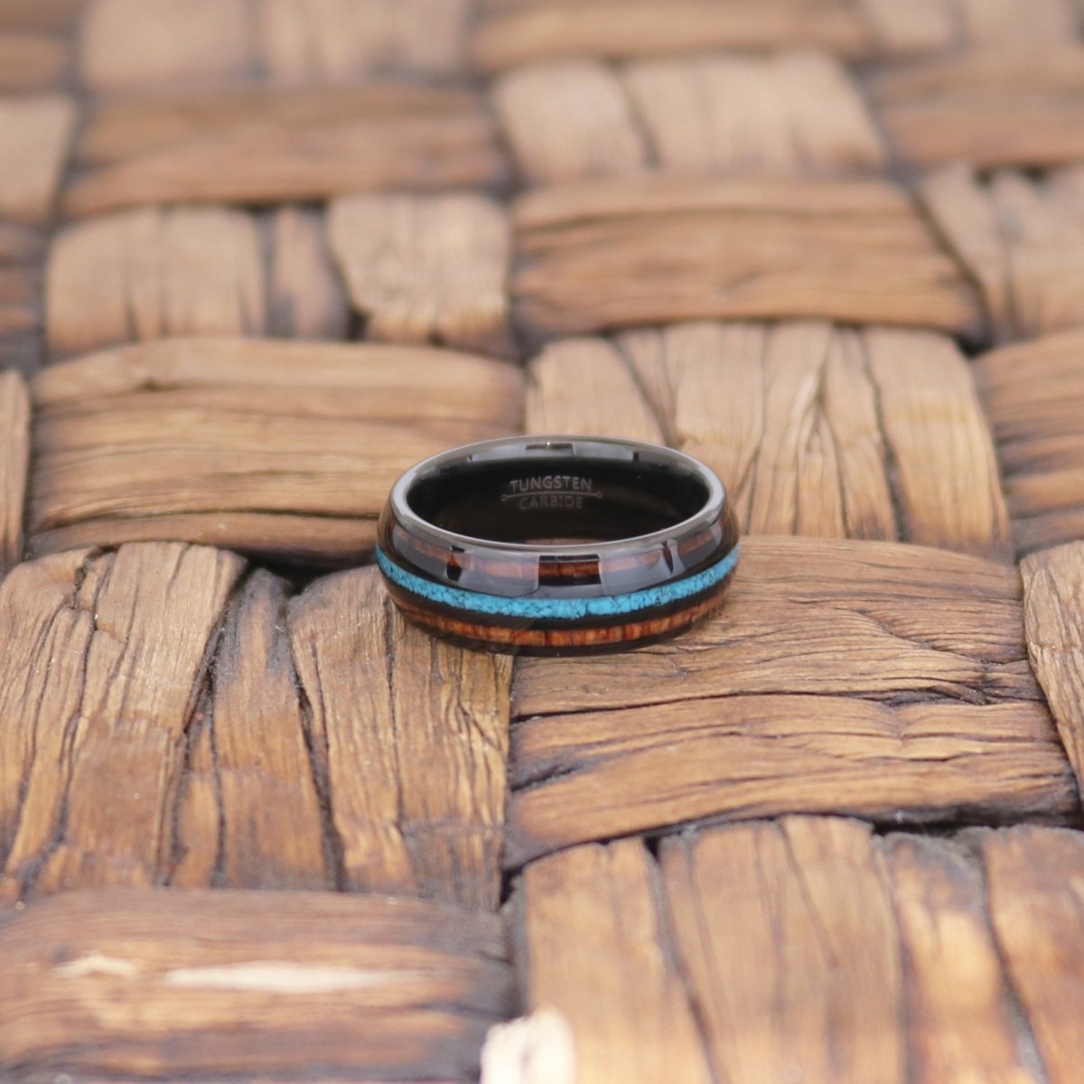 RYKER | Black Tungsten Ring, Koa Wood & Turquoise Inlay, Domed - Image 5
