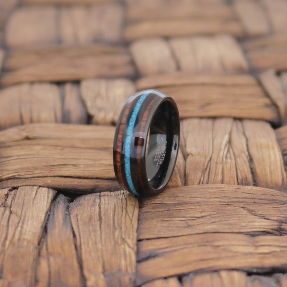 RYKER | Black Tungsten Ring, Koa Wood & Turquoise Inlay, Domed - Image 4