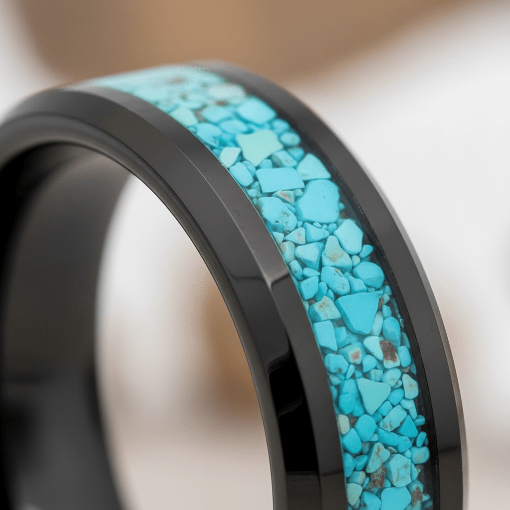 VERDEL | Black Tungsten Crushed Turquoise Stone Inlay Beveled Wedding Ring 8mm - Image 8