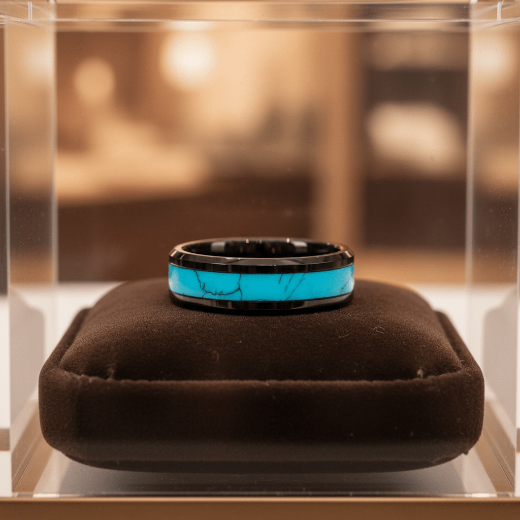 VERDEL | Black Tungsten Crushed Turquoise Stone Inlay Beveled Wedding Ring 8mm - Image 6