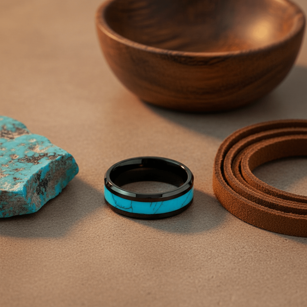 VERDEL | Black Tungsten Crushed Turquoise Stone Inlay Beveled Wedding Ring 8mm - Image 9