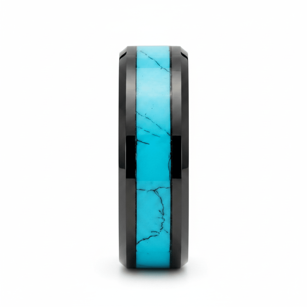VERDEL | Black Tungsten Crushed Turquoise Stone Inlay Beveled Wedding Ring 8mm - Image 4