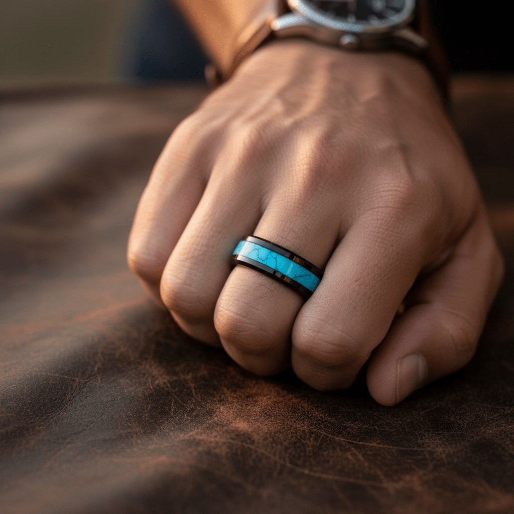VERDEL | Black Tungsten Crushed Turquoise Stone Inlay Beveled Wedding Ring 8mm - Image 2