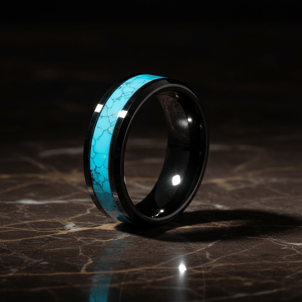 VERDEL | Black Tungsten Crushed Turquoise Stone Inlay Beveled Wedding Ring 8mm - Image 3