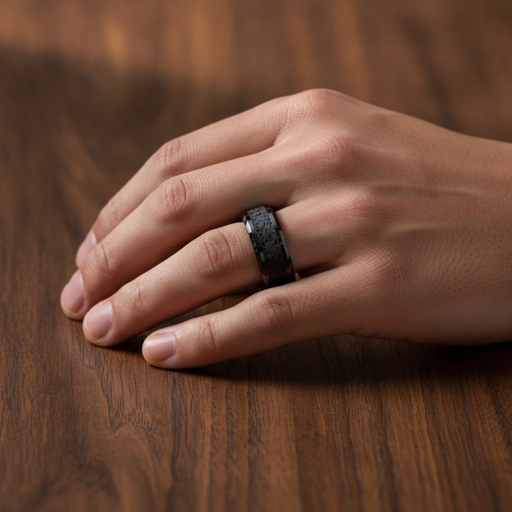 VESUVIUS | Black Ceramic Lava Rock Wedding Ring, Beveled, 6mm/8mm - Image 2