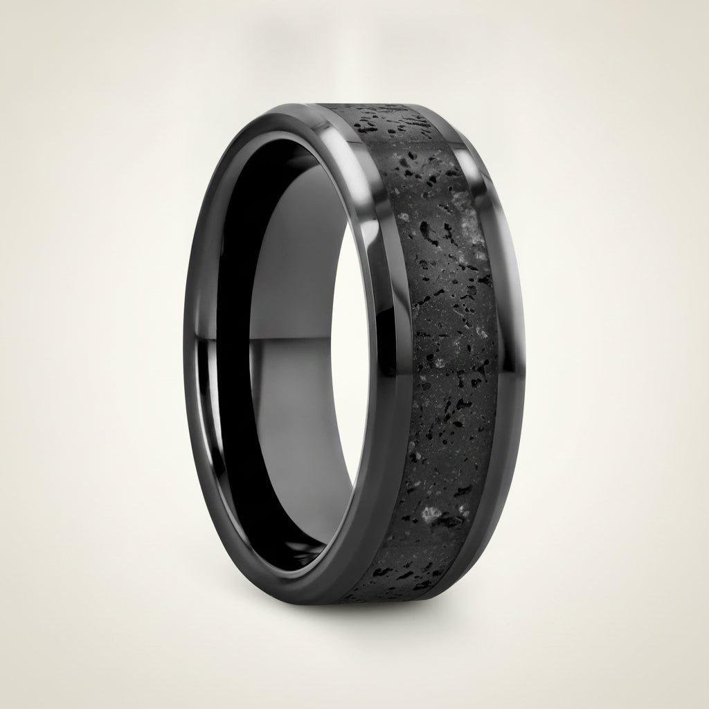 VESUVIUS | Black Ceramic Lava Rock Wedding Ring, Beveled, 6mm/8mm